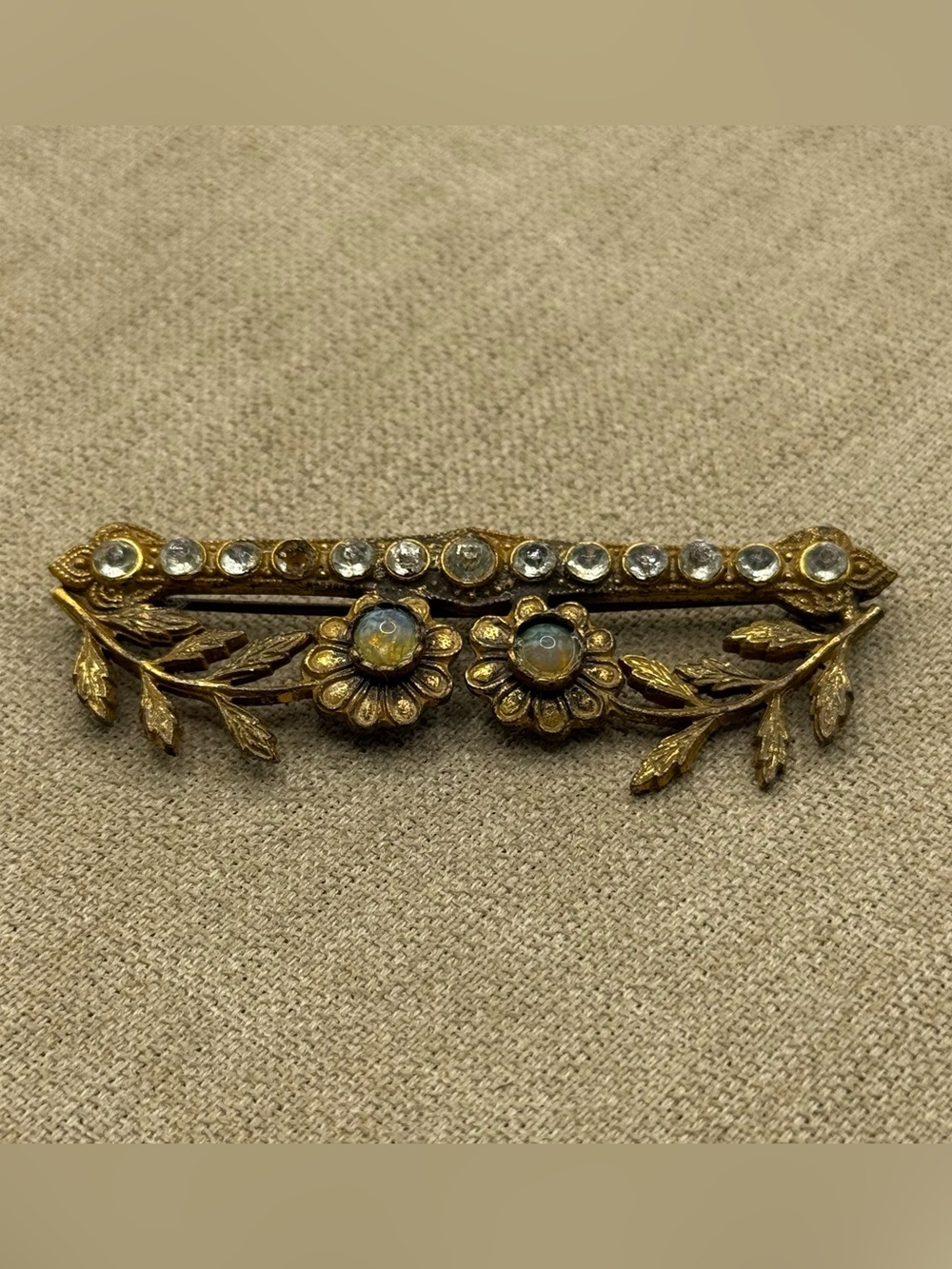 Vintage antique Gold tone bar brooch Floral Rhinestone Brooch